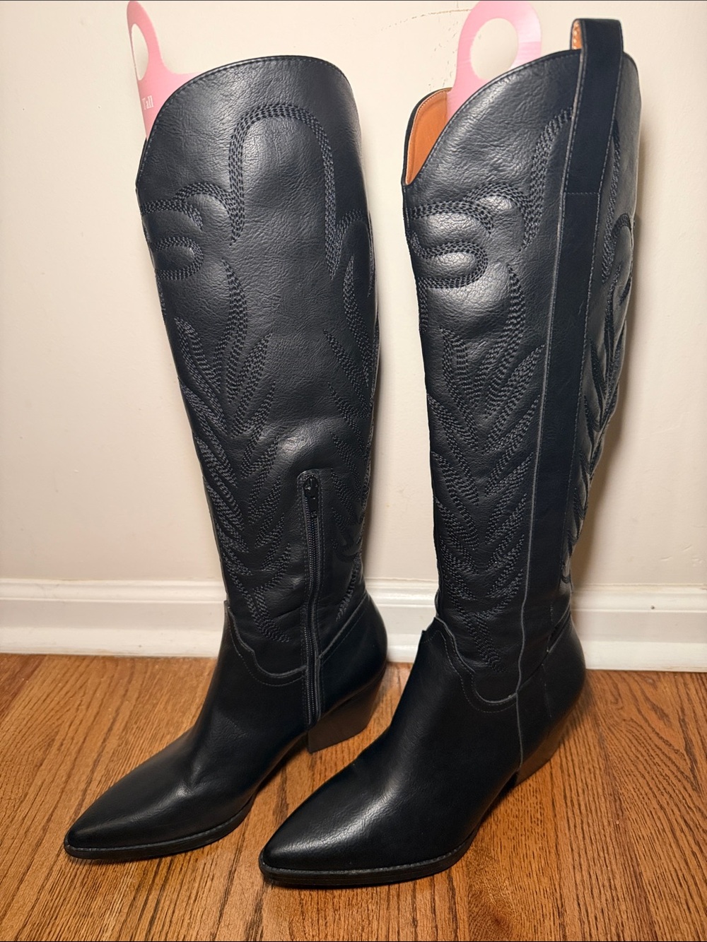 Women's Black Over-the-Knee Leather Boots with Western Stitching